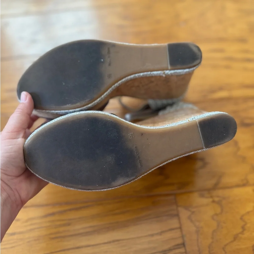 Lauren Ralph Lauren Silver Metallic Cork Wedge Sandals 9.5B T-Strap Espadrille